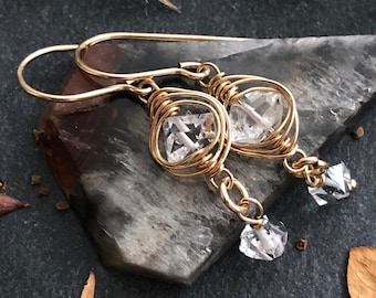 Herkimer Diamond Earrings Gold Filled wire wrapped natural gemstone bohemian dangle drops April birthstone birthday mothers day gift 6019