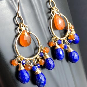 Lapis Lazuli Carnelian Earrings Gold Filled wire wrapped natural gemstones bohemian statement chandeliers December birthstone gift her 7546b