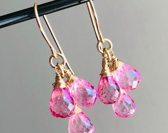 Pink Topaz Earrings Gold Filled wire wrapped natural gemstones bohemian dainty cluster dangle drops birthday Mother's Day gift for her 6372