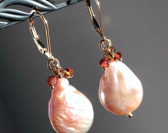 Pink Tulle Pearls Earrings Gold Filled sapphire natural gemstones cluster bohemian statement dangle drops June birthstone gift women 6177