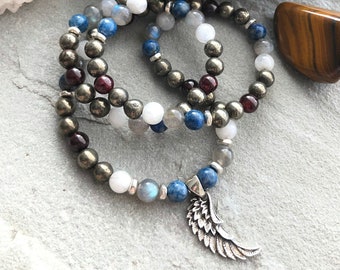 Pyrite Garnet Lapis Moonstone Labradorite Beaded Necklace for men natural stone sterling silver Angel Wing pendant mens gift for him 6649