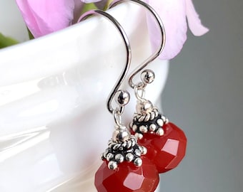 Carnelian Sterling Silver Dangle Earrings, Natural Gemstone Drops 4943