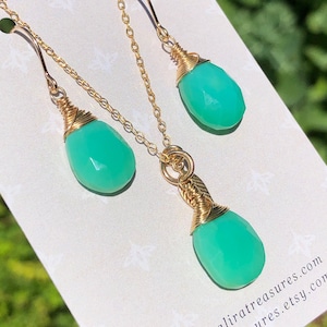 Chrysopras Ohrringe Gold Filled Draht gewickelt natürliche grüne Edelstein einfache minimalistische Tropfen Mai Geburtsstein Geschenk für sie 6803