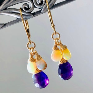 Amethyst Welo Fire Ethiopian Opal Earrings Gold Filled natural gemstones dainty cluster dangle drops February birthstone gift for her 6331