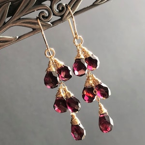 Garnet Gold Filled Earrings natural red gemstone wire wrapped long bohemian dangle clusters January birthstone birthday gift for her 3238