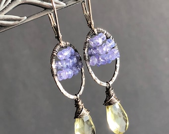 Lemon Quartz Tanzanite Earrings Sterling Silver wire wrapped natural yellow violet gemstone unique artisan holiday gift for her women 5099