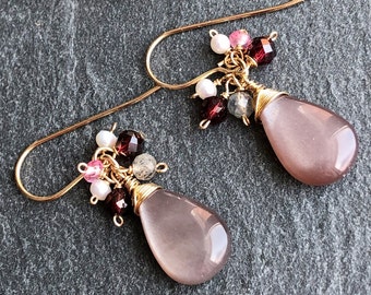 Chocolate Moonstone Earrings Gold Filled wire wrapped natural gemstones red garnet pink topaz pearls cluster dangle drops gift for her 6716