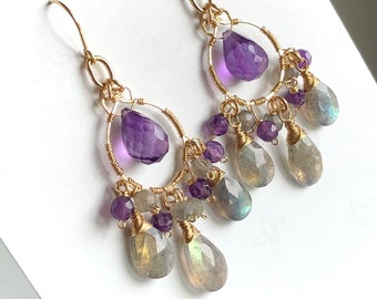 Labradorite Amethyst Necklace Gold Filled wire wrapped green purple natural gemstone bohemian statement chandeliers long dangles gift 7147