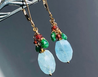 Aquamarine Earrings Gold Filled wire wrapped natural gemstones red garnet green tsavorite cluster dangle drops March birthstone gift 6714