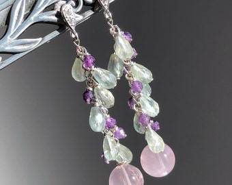 Multi Gemstone Earrings Sterling Silver wire wrapped natural rose quartz prehnite amethyst cluster dangle drops boho statement gift her 6751