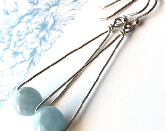 Natural Aquamarine Sterling Silver Earrings wire wrapped blue gemstone modern dangle drops March birthstone holiday gift for her women 4605