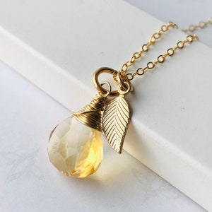 Citrine Necklace Gold Filled wire wrapped natural yellow honey gemstone simple drop pendant leaf charm November birthstone gift her 6812