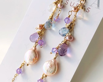Pearl Amethyst Topaz Moonstone Earrings Gold Filled wire wrapped natural gemstone bohemian statement long cluster dangle drops gift 7000