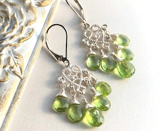 Peridot Earrings Sterling Silver wire wrapped natural lime green gemstones bohemian statement chandeliers Mother's Day gift for her 6373