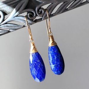 Genuine Lapis Lazuli Earrings Gold Filled wire wrapped natural royal blue gemstone boho dangle drops December birthstone gift for her 6109