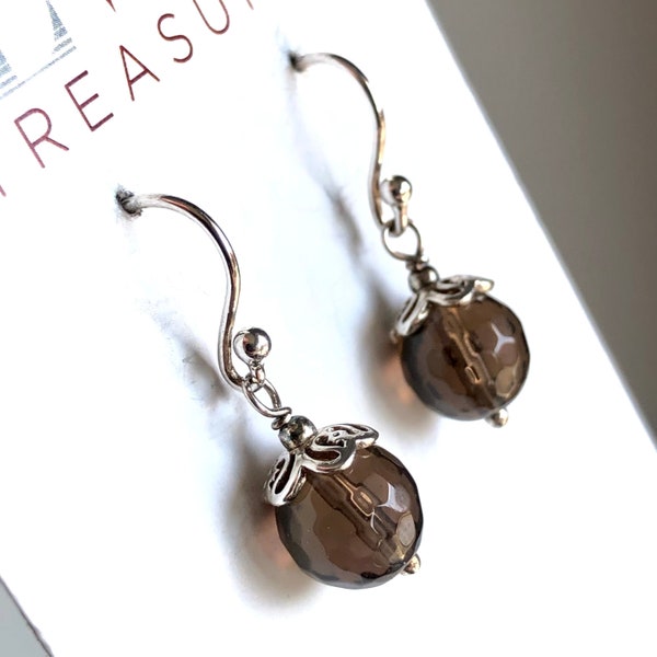 Smokey Quartz Sterling Silver Earrings natural brown gemstone classic simple dainty dangle drops birthday Christmas gift for her women 6182