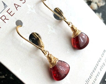 Mozambique Garnet Earrings Gold Filled wire wrapped natural deep red gemstones classic dangle drops January birthstone gift for her 6291