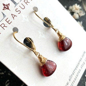 Mozambique Garnet Earrings Gold Filled wire wrapped natural deep red gemstones classic dangle drops January birthstone gift for her 6291 image 1