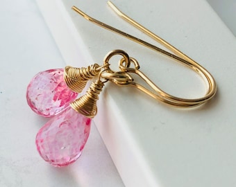 Pink Topaz Gold Filled Earrings wire wrapped natural rose pink gemstone simple minimalist artisan dangles February birthstone gift 5282