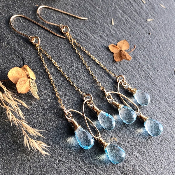 Blue Topaz Chandelier Earrings 14kt Gold filled wire wrapped light blue gemstone boho luxe chain chandeliers holiday gift for her women 4454