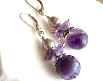 Amethyst Pearls Earrings Sterling Silver natural purple pink gemstones dangle drops bohemian statement February June birthstone gift 6488