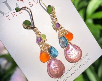 Pink Coin Pearls Earrings Gold Filled wrapped natural gemstones cluster bohemian statement dangle drops June birthstone gift for her 6425