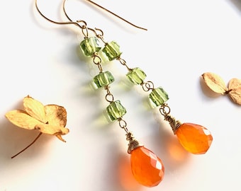 Carnelian Peridot Earrings Gold Filled wrapped orange green natural gemstones bohemian statement long dangle drops holiday gift for her 6545