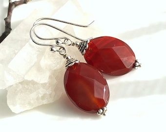 Carnelian Earrings Sterling Silver natural brown stone oval simple everyday classic dangle drops birthday holiday gift for her women 6407