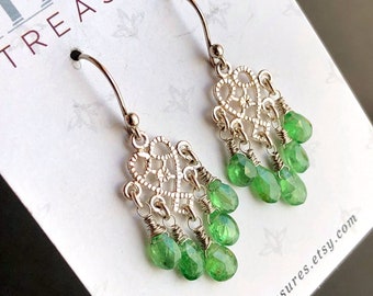 Tsavorite Earrings Sterling Silver wire wrapped natural green gemstones small chandeliers bohemian statement birthday holiday gift her 6330