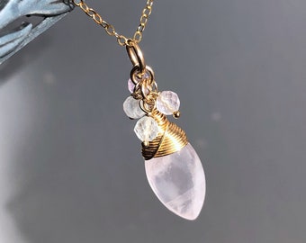 Rose Quartz Fluorite Necklace Gold Filled wire wrapped natural gemstones cluster drop pendant bohemian statement birthday gift for her 6290