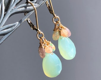 Chalcedony Earrings Gold Filled wire wrapped natural gemstones Ethiopian opal sunstone sapphire labradorite cluster dangle drops gift 6715