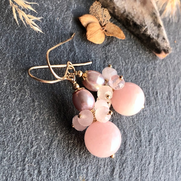 Rose Quartz Pearl Earrings Gold Filled natural pink gemstones bohemian statement dangle drops boho chic birthday holiday gift her 6489