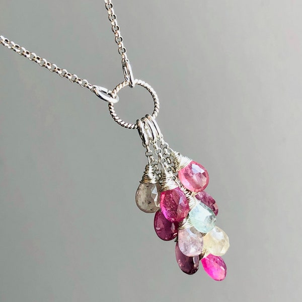 Multi Sapphire Necklace Sterling Silver wire wrapped natural pink gray gemstone cluster pendant choker boho statement holiday gift her 6929