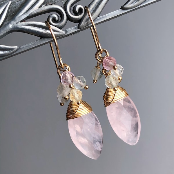 Rose Quartz Fluorite Earrings Gold Filled wire wrapped natural gemstones cluster dangle drops bohemian statement birthday gift for her 6288