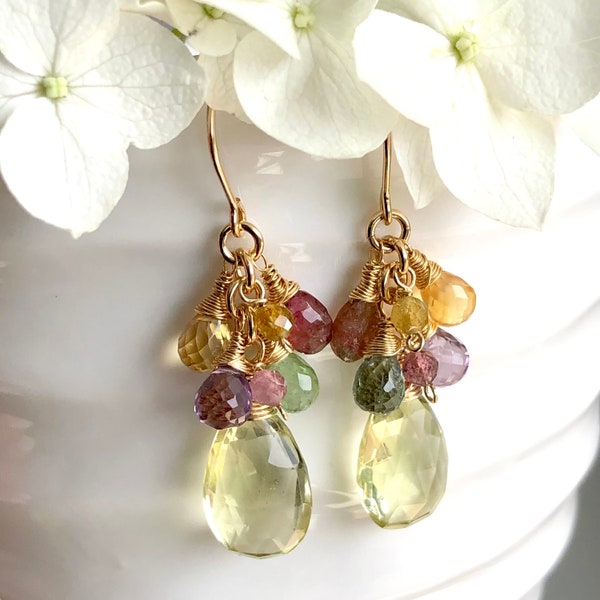 Lemon Quartz Ohrringe Gold Filled Draht gewickelt Edelsteine Citrin Turmalin Boho Statement Cluster Baumeln Tropfen 7148