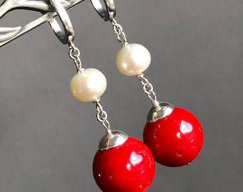 Red Coral White Pearl Earrings Sterling Silver natural gemstone modern statement long dangle drops holiday birthday gift for her 7394