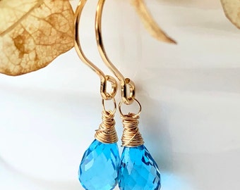 Swiss Blue Topaz Earrings Gold Filled wire wrapped genuine natural gemstone dainty dangle drops December birthstone mothers day gift 5826