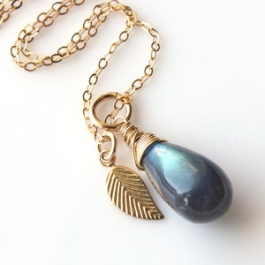 Labradorite Pendant or Necklace Gold Filled wire wrapped natural green gemstone leaf charm minimalist dainty solitaire choker gift 6062