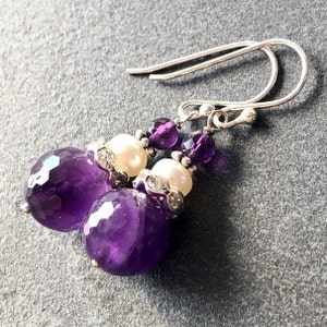 Amethyst Pearl Earrings natural purple white gemstone silver crystal boho statement elegant dangle drops birthday holiday gift for her 7237