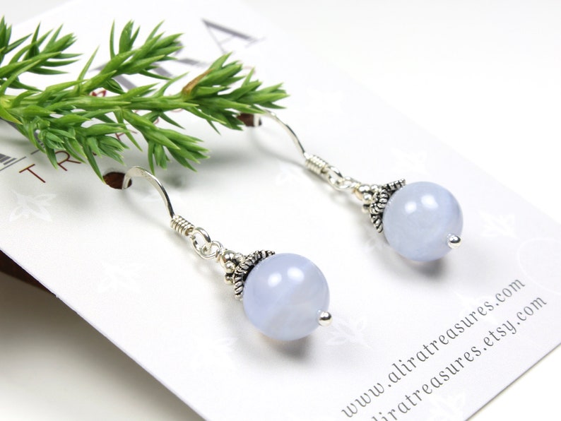 Blue Chalcedony Sterling Silver Earrings natural gemstone small classic everyday dangle drops birthday gift mom wife grandma sister 5601