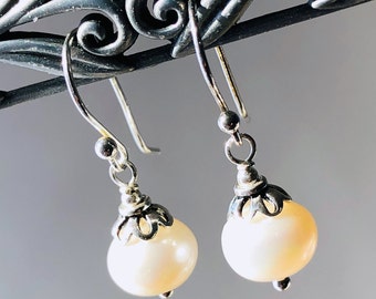 White Pearl Earrings Sterling Silver natural gemstones classic dangle drops June birthstone gift bridesmaid bridal wedding graduation 5993