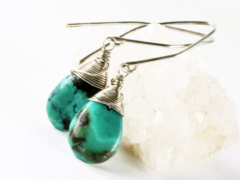 December birthstone fine earrings Sterling Silver wire wrap 1781 Turquoise Earrings blue gemstone genuine turquoise gift for her