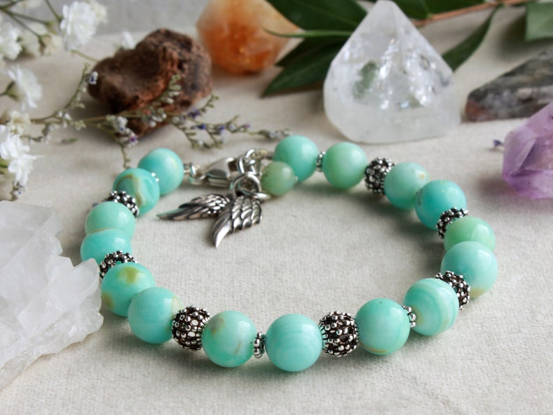 Blue Peruvian Opal Bracelet mother/'s day gift,4648 birthday gift for her angel wings charm 925 Sterling Silver boho luxe blue gemstone