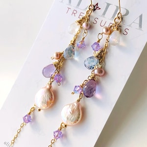 Pearl Amethyst Topaz Moonstone Earrings Gold Filled wire wrapped natural gemstone bohemian statement long cluster dangle drops gift 7000