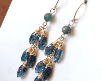 Blue Kyanite Earrings Gold Filled wire wrapped natural gemstone modern statement long cluster dangle drops birthday holiday gift her 7447