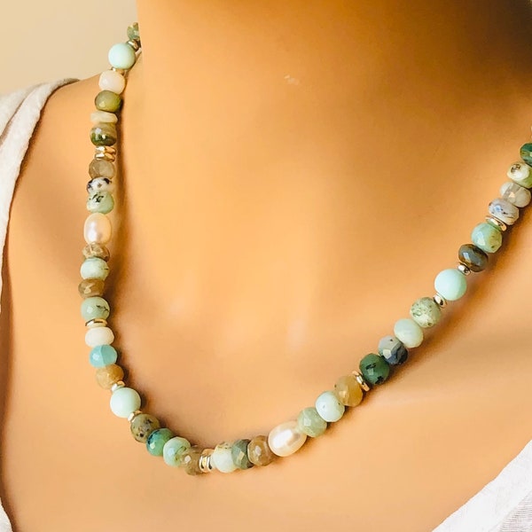 Peruvian Opal White Pearls Necklace natural gemstone bohemian statement asymmetrical choker holiday birthday Mother's Day gift for her 7473