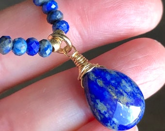 Lapis Lazuli Gold Filled natural royal blue gemstone bohemian statement drop pendant choker birthday holiday gift for her 7409