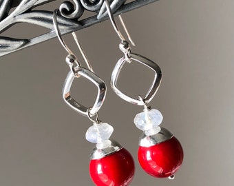 Red Coral Moonstone Earrings Sterling Silver natural gemstone modern statement bold long dangle drops birthday holiday gift for her 7415