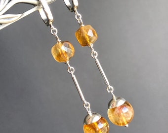 Citrine Earrings Sterling Silver natural golden yellow gemstone modern statement long dangle drops November birthstone gift for her 7392