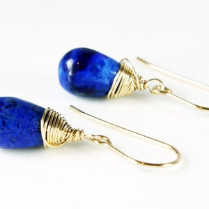 Lapis Lazuli  Gold Filled Earrings wire wrapped natural royal blue gemstone simple minimalist dangle drops December birthstone gift 5101